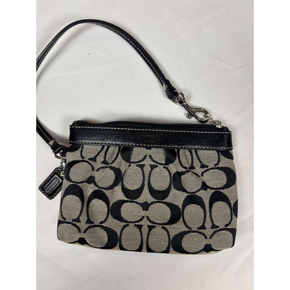 Coach Signature C Wristlet Black Gray Jacquard Canvas Leather Trim Bag
